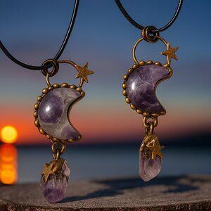 🆕️Mystical Genuine Amethyst Moon Pendant - Handcrafted Boho Copper Necklace ✨🌙